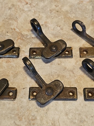 Set of 7 Nice Antique Solid Brass Loop Casement Fasteners Locks - No Strikes - Picture 5 of 12