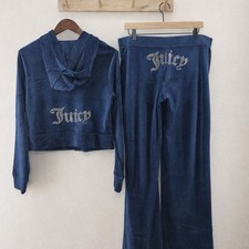 Juicy Couture Velour Tracksuit Rhinestone Logo Regal Blue Y2K Set Large