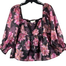 Thirty Thirty Floral Baby Doll Blouse Puff Sleeve Womens Size XL NWT Pink