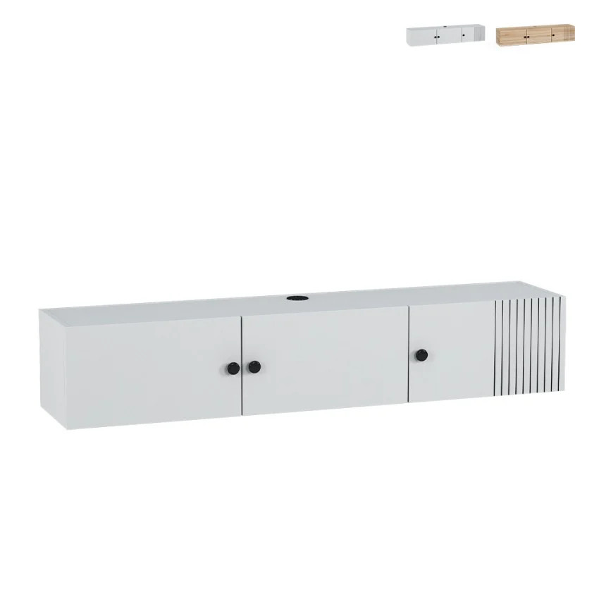 Meuble TV suspendu gain de place blanc 150cm Leo pour ranger vos câbles