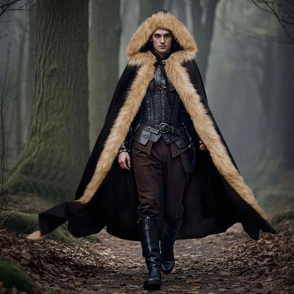 Viking Fur Hooded Cloak Medieval Velvet Cape with Hood for Halloween - Image 4 of 4