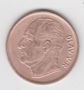 Norway 1962. 5 Ore. Portrait of Olav V. Eurasian Elk. KM# 405