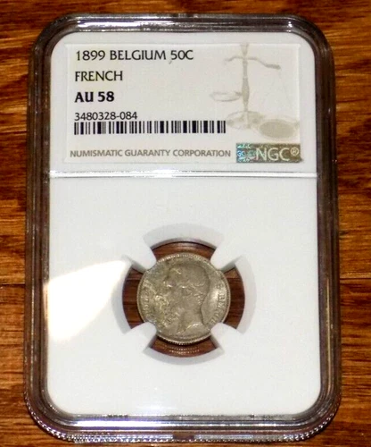 1899 Belgium 50 Centimes Silver Coin Graded NGC AU 58 50C French Version Coin