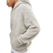 Men's Hooded Pullover Thermal Fur Fluffy Fleece Windproof Sweatshirt Drawstring
