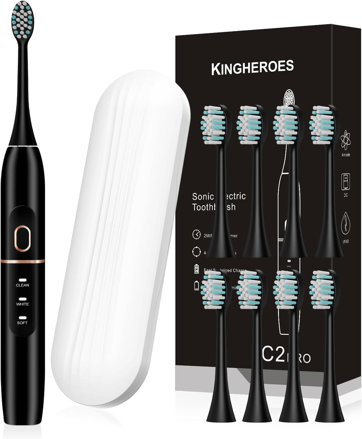 Electric Toothbrush Set, Comes with 8 Brush Heads & Travel Case,4 Modes with 2 M