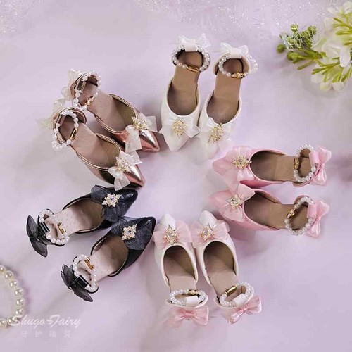 Fashion Leather High Heels Pointed Head Princess Shoes for 1/4 BJD Doll with Bow - Afbeelding 10 van 15
