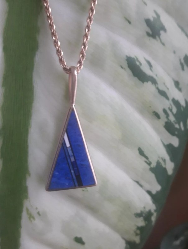NAVAJO HANDMADE NATURAL GEMSTONE INLAID DOUBLE SIDED PENDANT IN 14K SOLID GOLD.
