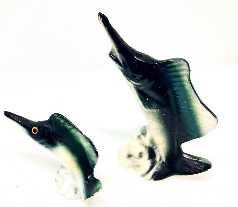 Set of two miniature porcelain sword fish