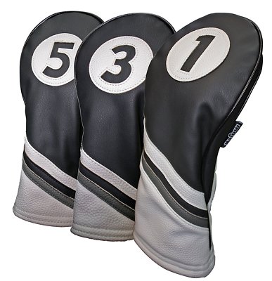 Majek Golf Headcover Black & White Leather Style 1 3 5 Driver and Wood Covers