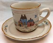 International Heartland Stoneware Cup & Saucer Vtg. Japan Geese Holly House Set