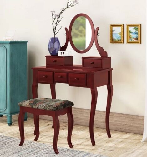Makeup Table Stool Drawers, Cherry Wood Furniture Vanity