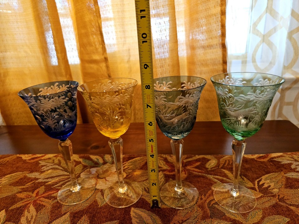 Cut to Clear Crystal Wine Glasses Bohemian??? Rare Hunting Scene Set Of