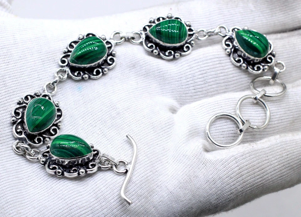 Pulsera de plata de ley 925 con piedras preciosas de malaquita hecha a mano para joyería tamaño-7-8" Foto 2 de 4