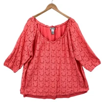 Catherines Women’s 3X Coral Lace Peasant Top Blouse Plus Size 3/4 Sleeve Boho