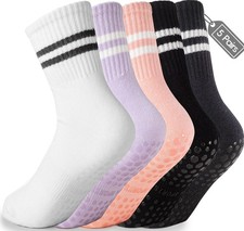 5 Pairs Pilates Socks with Grips for Women, Yoga Crew Non-Slip, Grippy Ankle ...