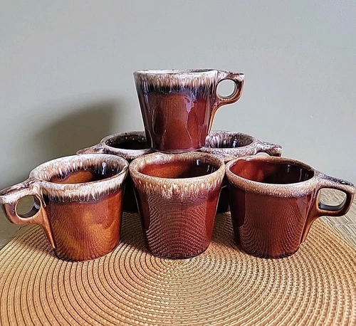 Lot of 6 Vintage Hull Brown Dripware Coffee Mugs Cups Oven Proof USA Pottery