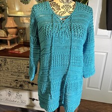 Ralph Lauren Open Knit Aqua Blue Sweater Tunic Sz Small. Italian Yarn.