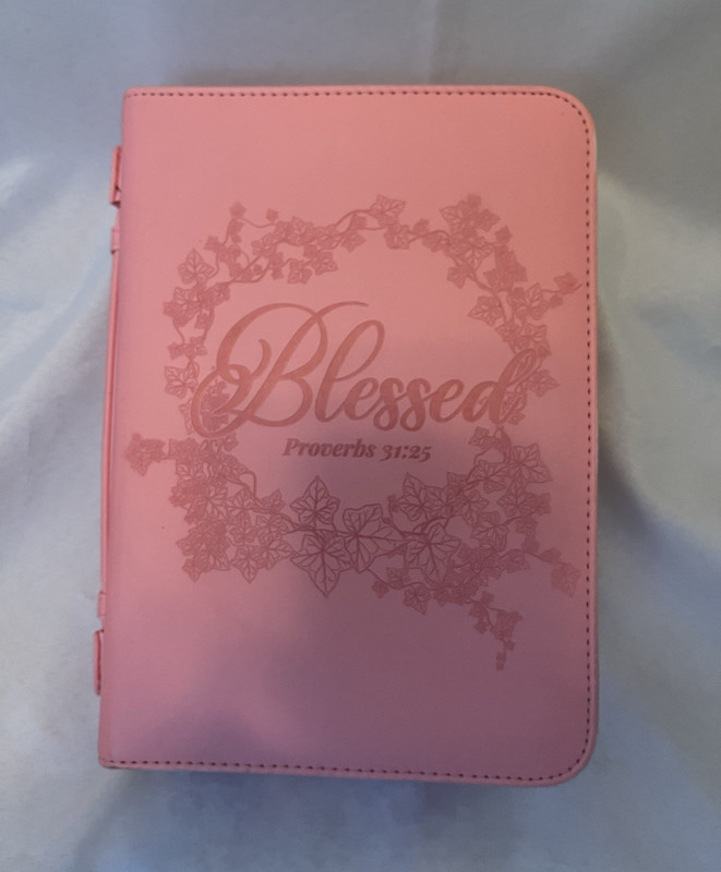Pink Leather Zippered Bible Cover Case "Blessed" Proverbs 31:25 with new Bible