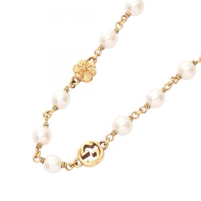GUCCI Interlocking G Flower Necklace Gold Plated Artificial pearl Used Women