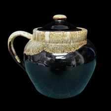 Vintage Pottery Brown Drip Glaze Bean Pot Crock Stoneware Jug W/Handle & Lid USA