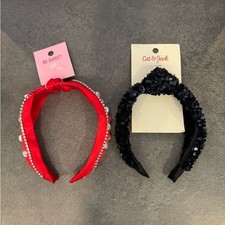 2 Embellished Headbands Black Sequins Red Beaded NEW