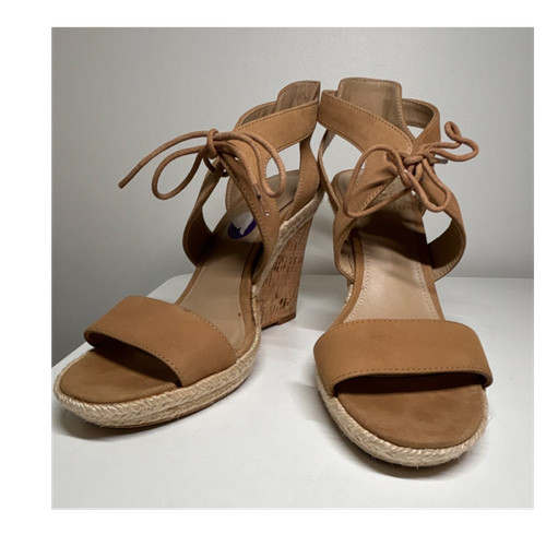 Vince Camuto Women's Tan Espadrille Leather Wedge Sandals Tie Closure 8.5