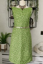 Linea Green Floral Linen Silk Blend Dress UK 8 Belted Knee Length Lined