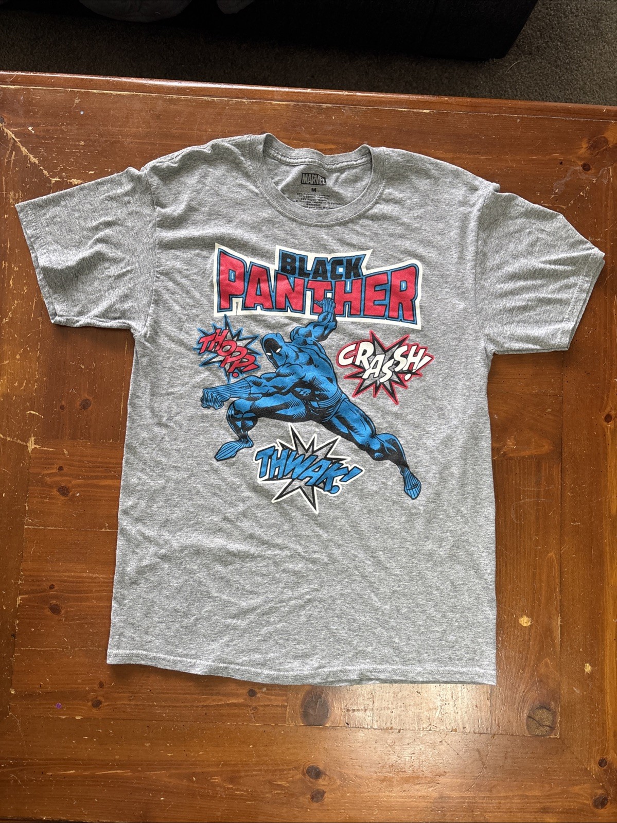 Marvel Mens Short Sleeve Tee Size M Gray Black Panther Graphic Polyester Blend