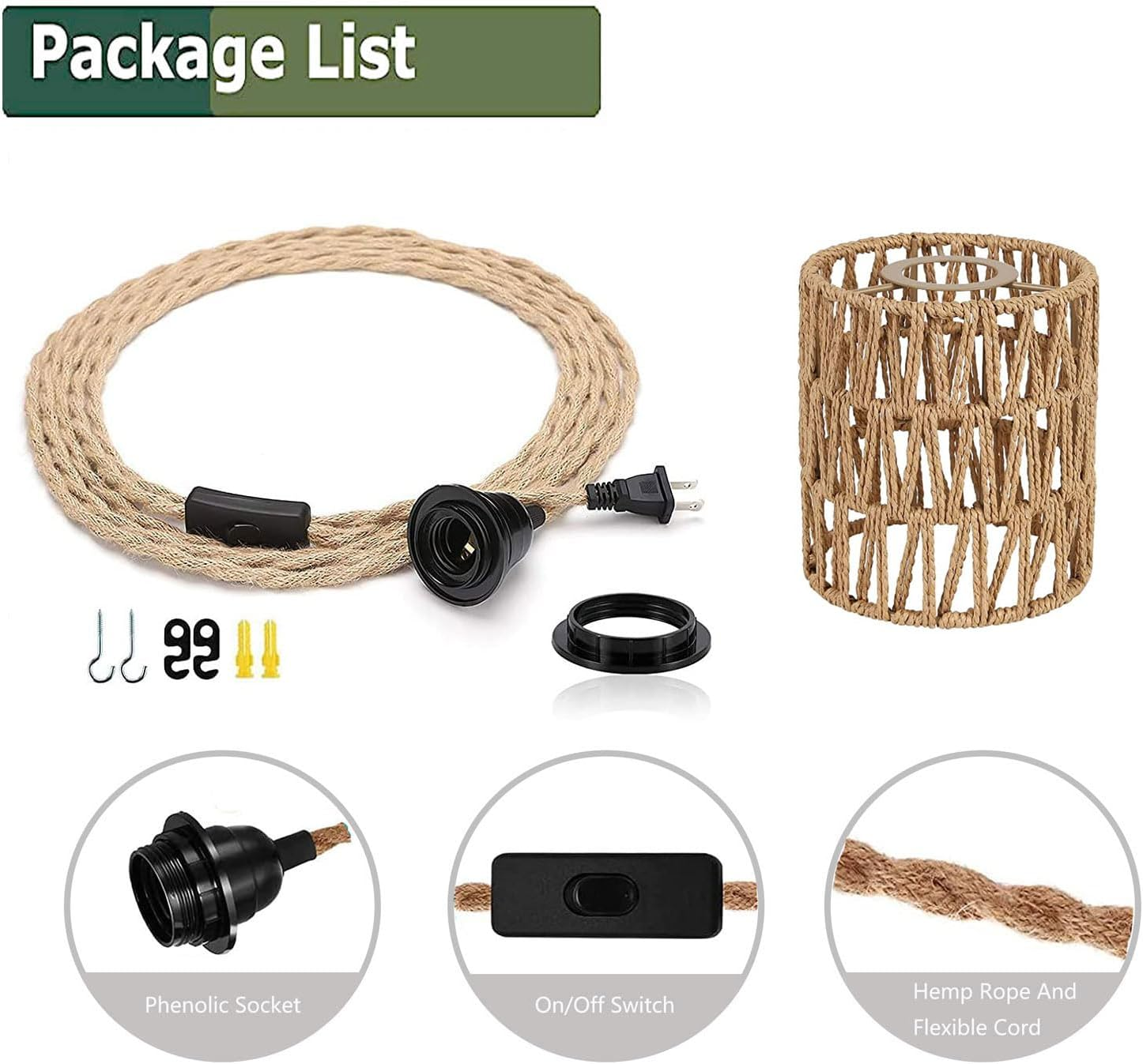 Boho Plug in Pendant Light Hanging Light with Plug in Cord Ceiling Lamp Rattan