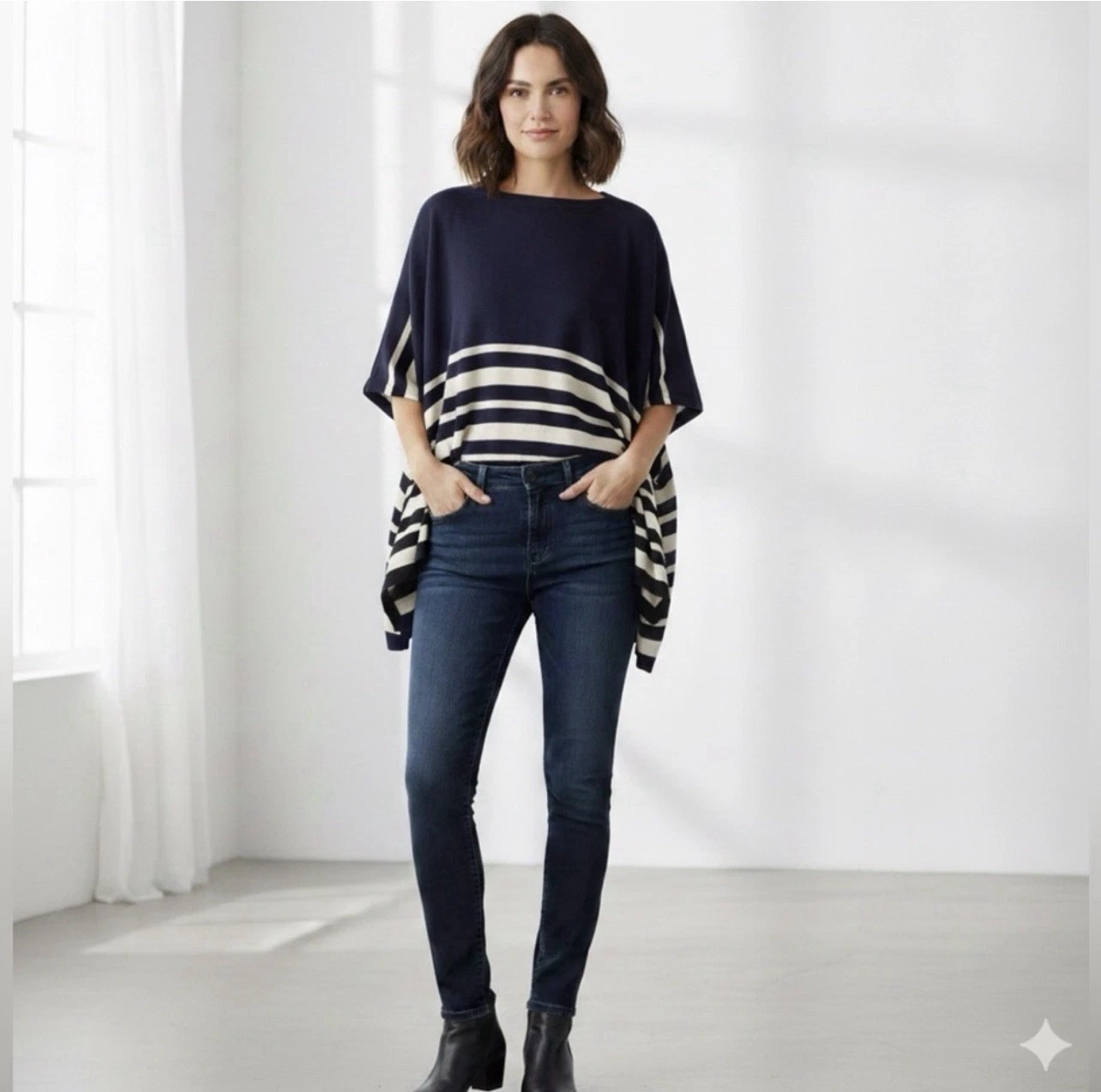 Brooks Brothers Women’s One Size Poncho Sweater Top Cape Navy White Stripe OS