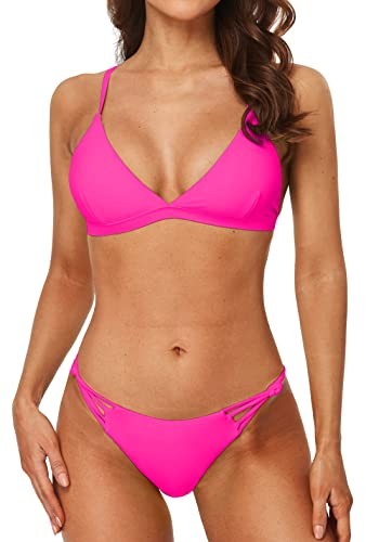 Charmo high Cut Bikini Triangle Bathing Suit v Neck 2 Piece Swimsuit Hot Pink
