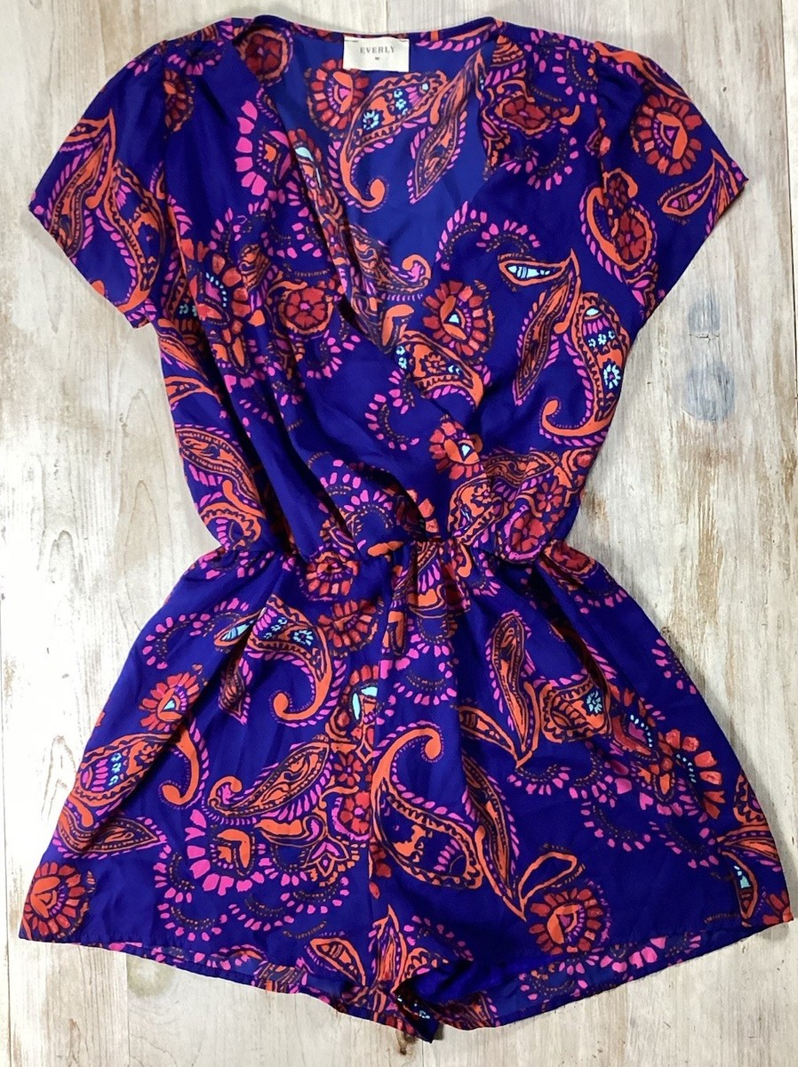 Everly Blue Romper With Red Paisley Design Women's XS