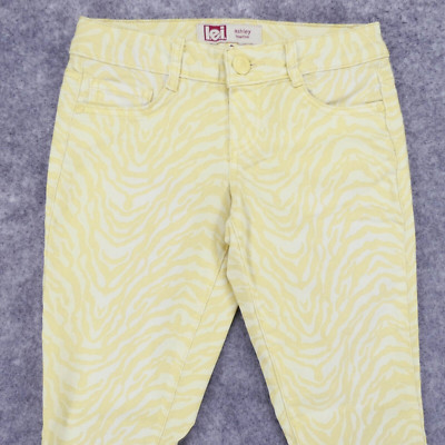LEI Pants Womens 1 Junior Ashley Low Rise Stretch Yellow White Animal Striped 