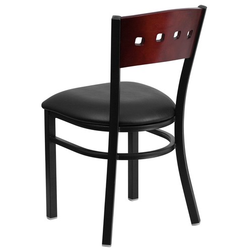 4 Square Back Metal Restaurant Chair with Mahogany Wood & Black Vinyl Seat - Picture 4 of 5