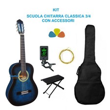  Chitarra Classica 3/4 Blu Custodia Accordatore Poggiapiede Corde Kit Completo 
