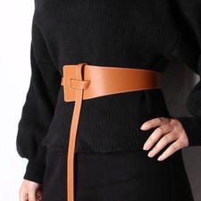 Women Elegant Wide Faux Leather Knot Waist Belt Dress Coat Decorative Waistband