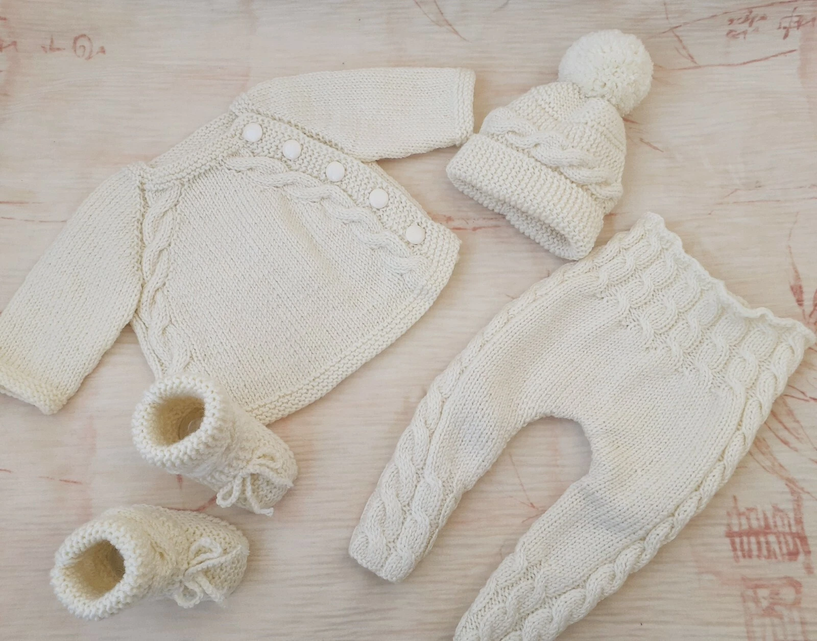 3-6 month outfit winter baby suit ivory wool merino sweater hat booties handmade