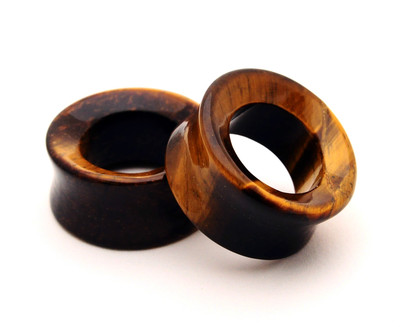 Pair of Tiger Eye Stone CONCAVE TUNNELS set gauges organic plugs Large size