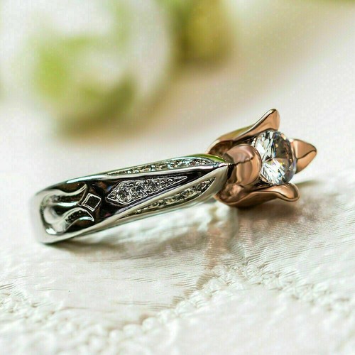2Ct Round Lab Created Diamond Solitaire Rose Wedding Ring 14k White Gold Finish - Picture 3 of 3