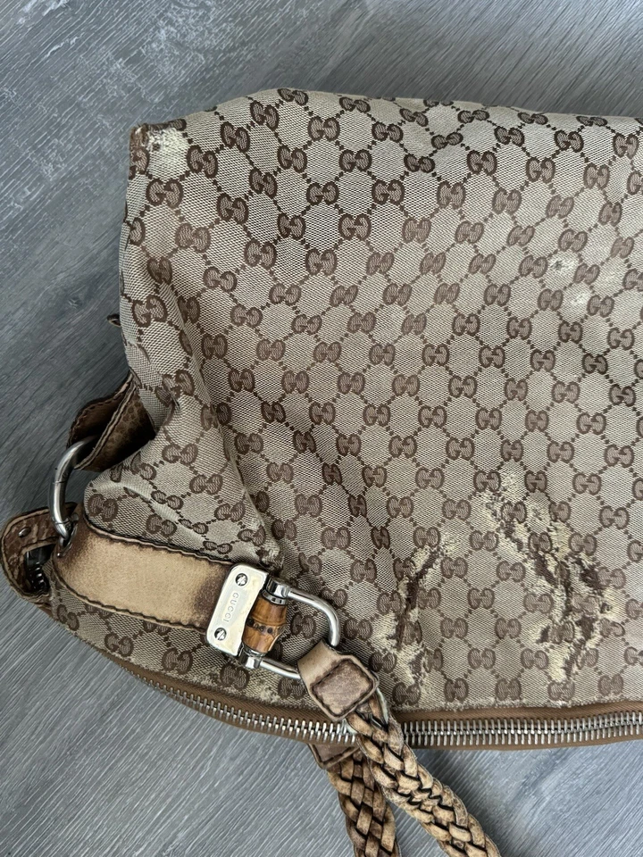 Bolso de hombro de lona GG de cuero de bambú 232959 beige Foto 4 de 4