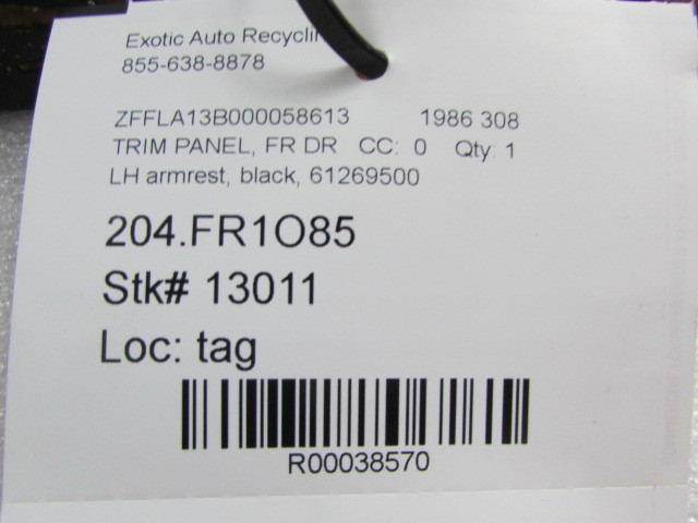 Ferrari 308, LH, Left Front Door Armrest, Black, Used, P/N 61269500