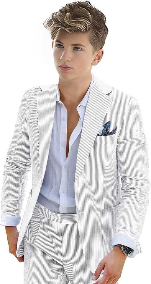 Костюм Seersucker для мальчиков смокинг из 2 предметов летний пляж свадебный блейзер брюки - Изображение 3 из 4