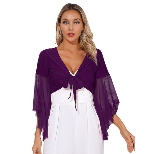 Womens Belly Dancewear Sheer Mesh 3/4 Flared Sleeve Wrap Shawl Crop Tops Costume - Picture 44 of 77