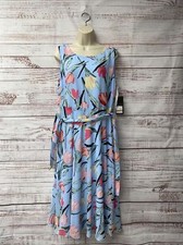 NINE WEST LADIES BLUE MULTI FLORAL Dress With Belt Size 12 WD2-38 NWT MSRP $89