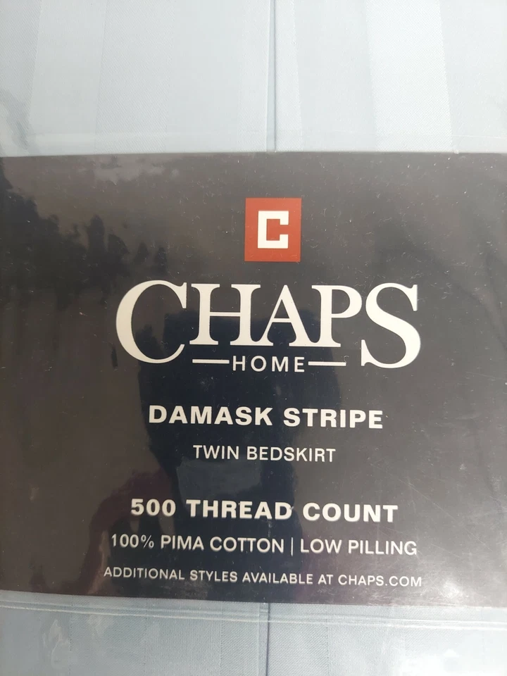 NEW Chaps Home Damask Stripe Full Bed Skirt Blue 100% Pima Cotton 500TC - Image 2 of 4