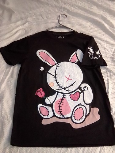 BKYS Lucky Charm Bunny Black Embroidered T Shirt -Rhinestones. Urban, Small