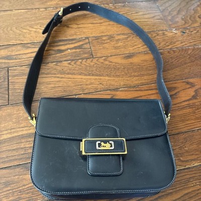 CELINE Sulky Carriage Shoulder Bag Box Calf Leather Gold Buckle Vintage Black