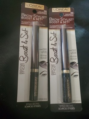 2x LOREAL Paris Brow Stylist Boost & Set Brow Mascara 490 DARK BRUNETTE BROWN