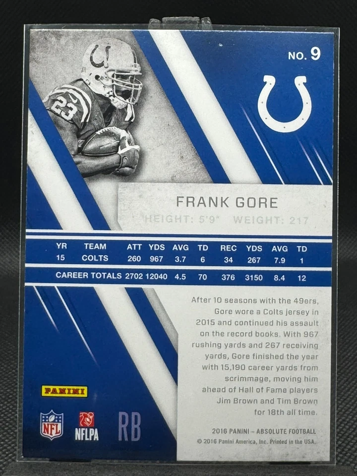 2016 Panini Absolute #9 Frank Gore Indianapolis Colts - Image 2 of 2