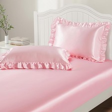 3-Piece Set Ruffle Satin Pillowcases Twin Fitted Sheet, Luxury Blush Pink